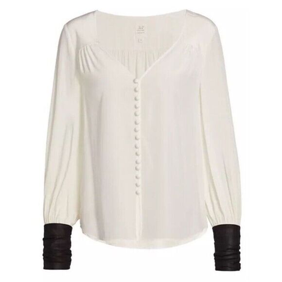 Cinq à Sept Francis Silk Blouse Faux Leathers Cuff Button Front Ivory/Black - Picture 2 of 16